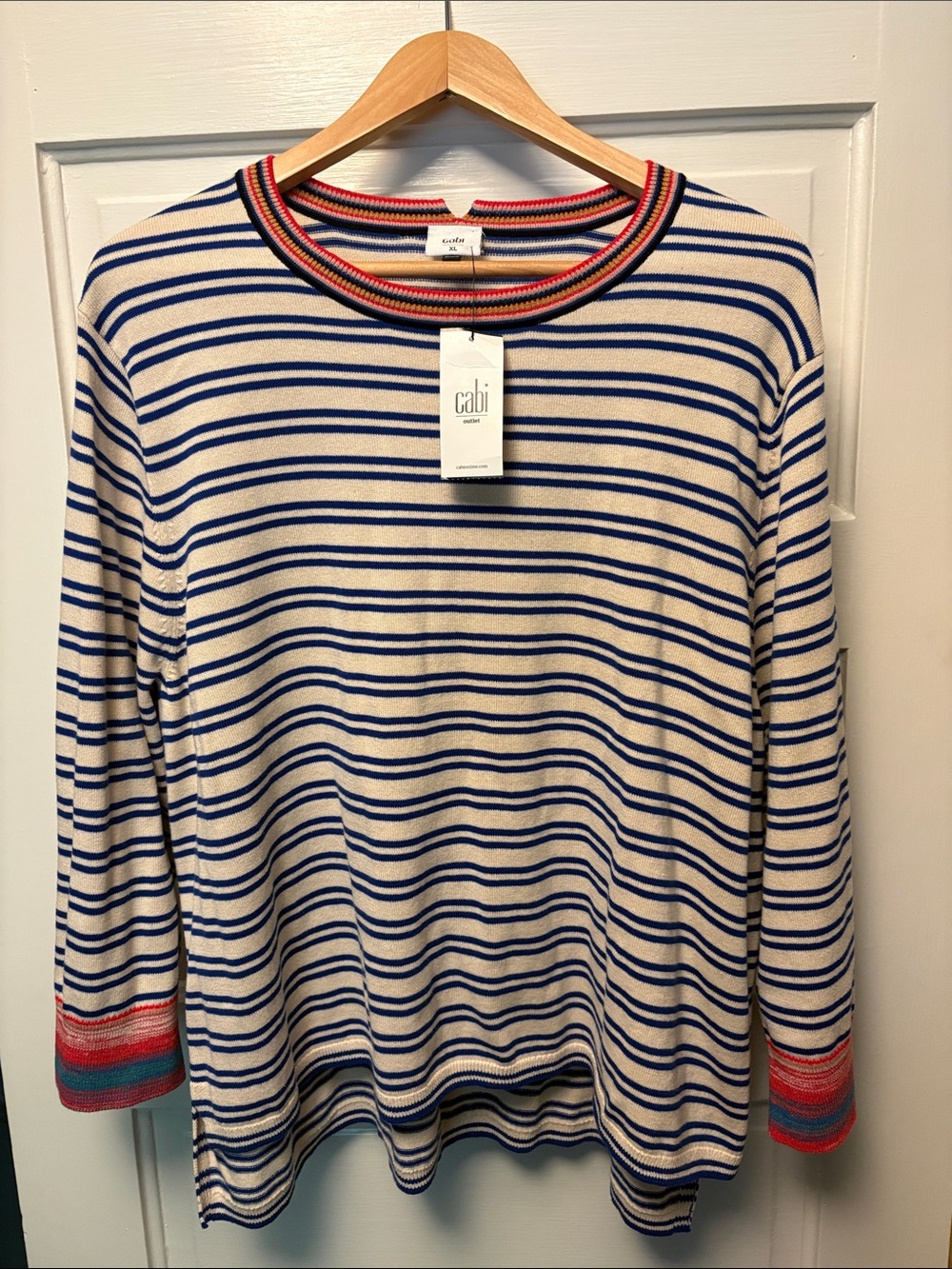 CAbi Women’s Striped Crewneck Sweater in Blue, Cream & Red Trim
